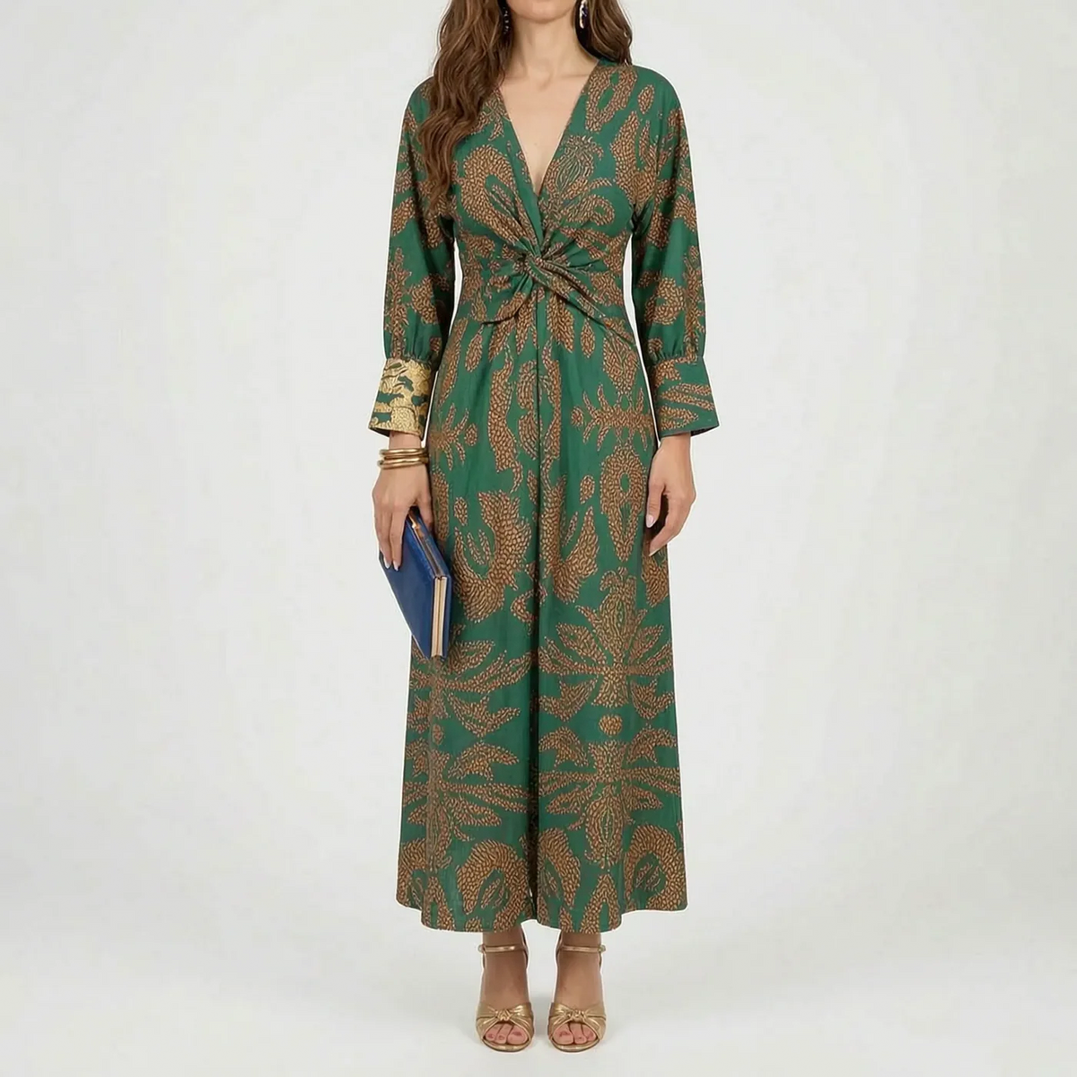 A-lijn Maxi Jurk met Botanische Print en Diepe V-hals – Elegant & Feestelijk – Sylvaure