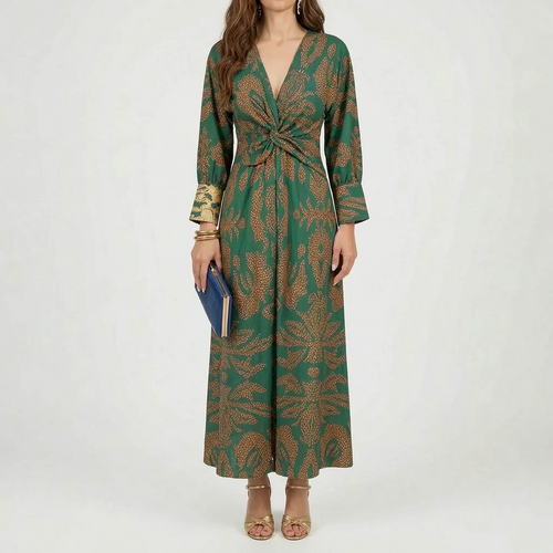 A-lijn Maxi Jurk met Botanische Print en Diepe V-hals – Elegant & Feestelijk – Sylvaure