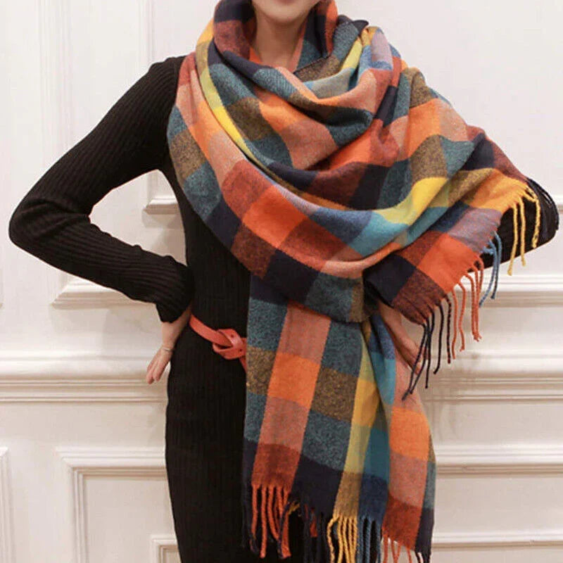 Oranje tartan sjaal voor dames met meerkleurige ruit en franjes