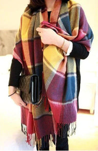 Regenboogkleurige tartan sjaal voor dames met meerkleurige ruit en franjes