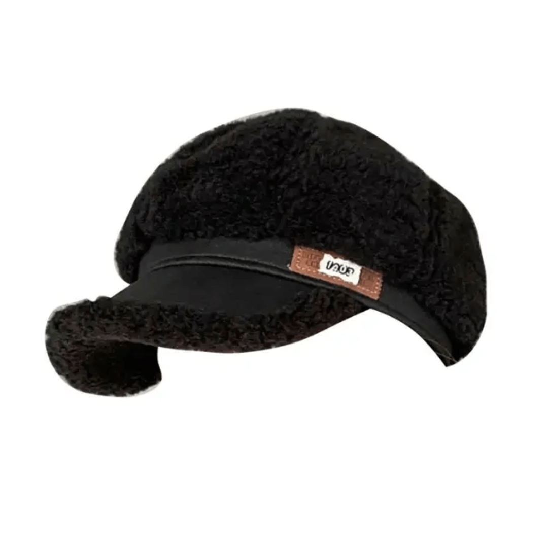 Zwarte teddy baret voor dames met klep, zijaanzicht