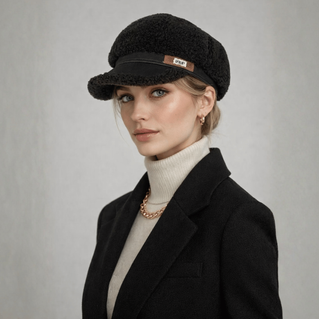 Vrouw met zwarte pluizige teddy baret met klep bij een zwarte jas