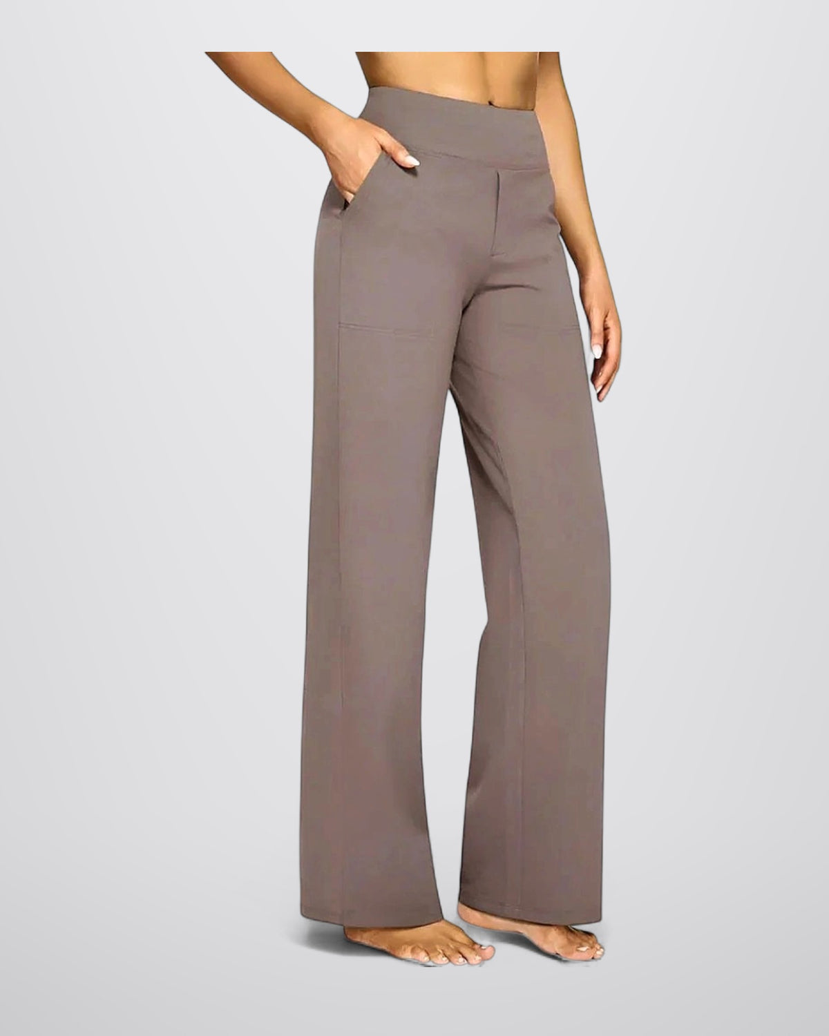 Taupe comfort fit broek Tess met brede tailleband