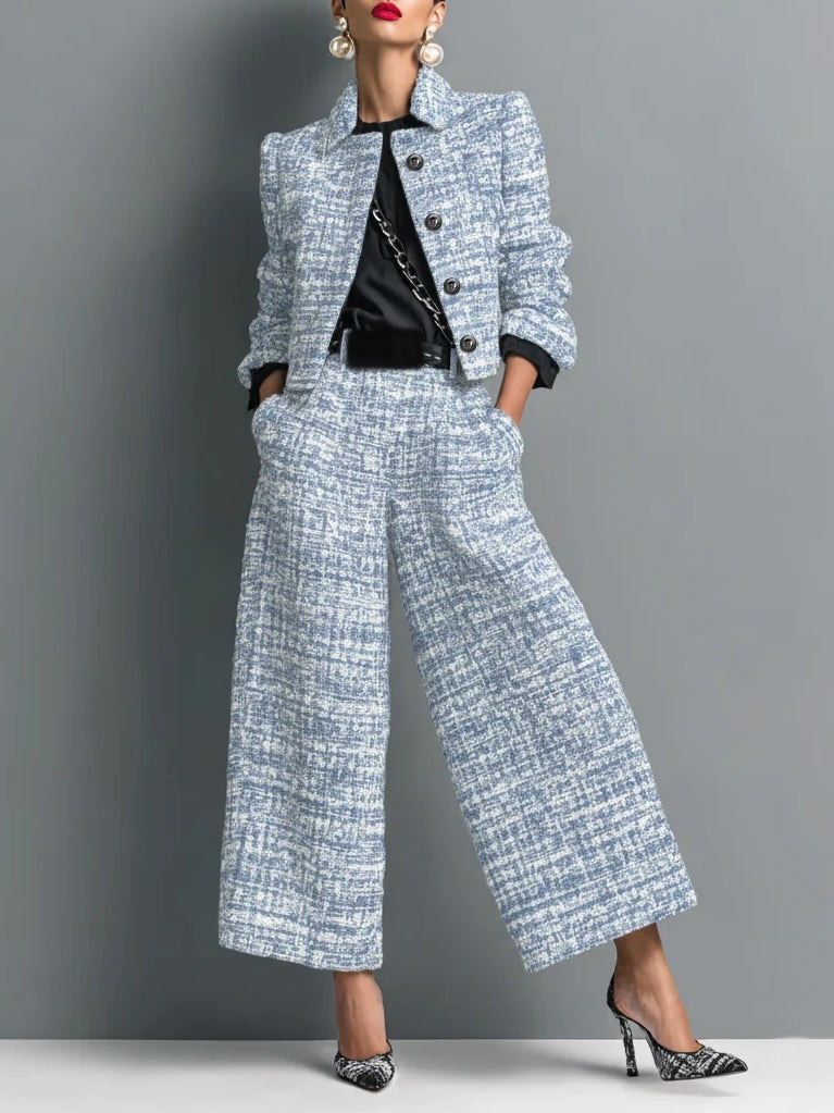 Tweed set dames met cropped jasje en wijde broek in lichtblauw