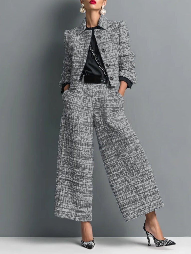 Tweed set dames met cropped jasje en wijde broek in zilvergrijs