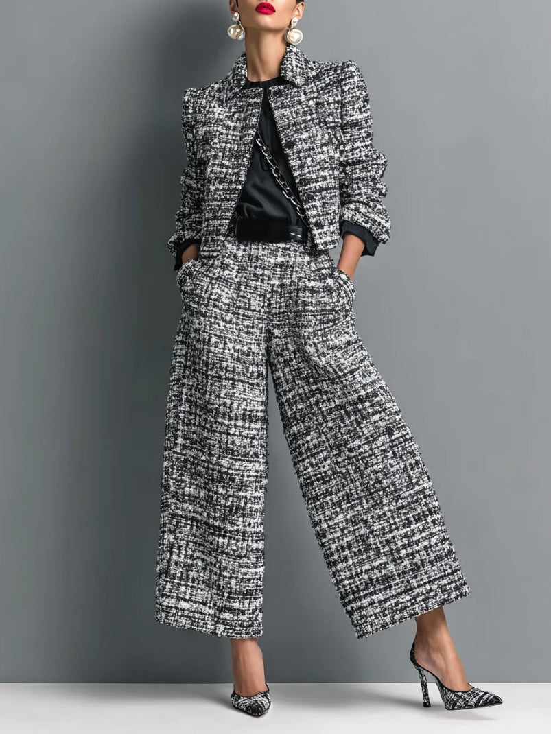 Tweed set dames met cropped jasje en wijde broek in zwart-wit, vooraanzicht