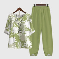 Groene dames set met bladprint top en wijde broek