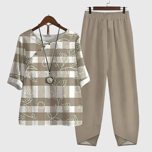 Khaki broekset met geruite top voor dames