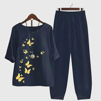 Tweedelige set dames in marineblauw met vlinderprint op de top