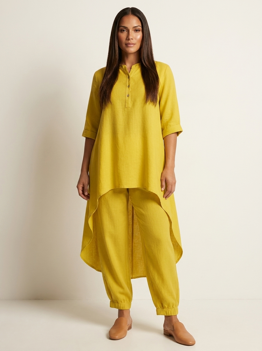 Vrouw in gele tweedelige set met lange asymmetrische tuniek en losse broek, vooraanzicht