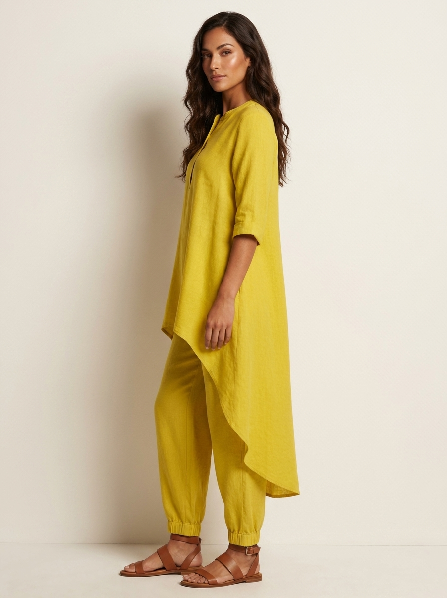 Gele tuniekset met broek van opzij
