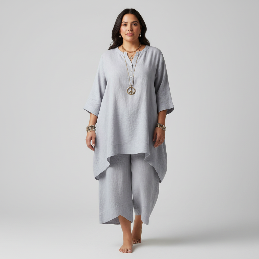 Vrouw in lichtgrijze tuniek en losse broek in linnenlook
