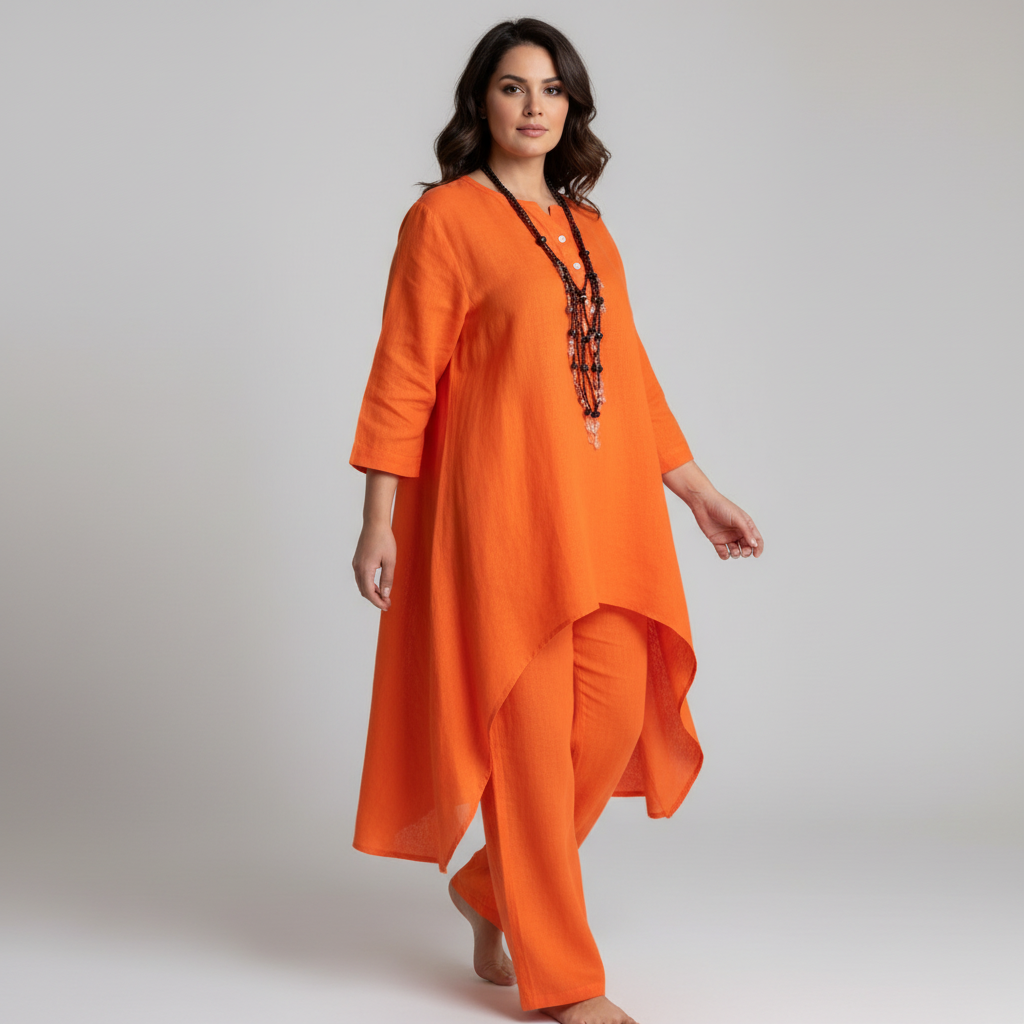 Vrouw in oranje tuniek met driekwart mouwen en losse broek