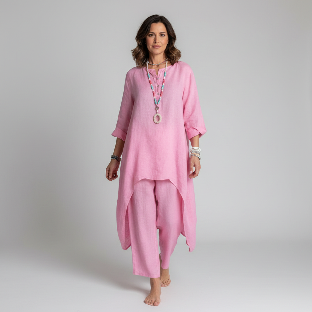 Vrouw in roze tuniek met driekwart mouwen en losse broek