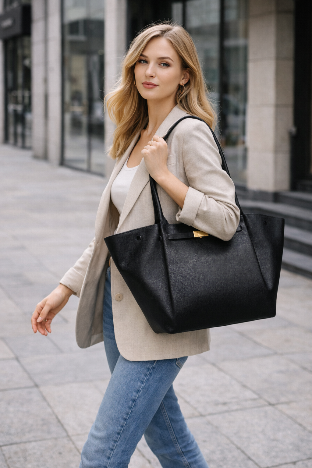 Zwarte oversized schoudertas over de schouder gedragen bij een beige blazer