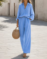 Co-Ord Set met Overhemdblouse en Wijde Broek in Lichtblauw – Chic & Luchtig – Vaëlie