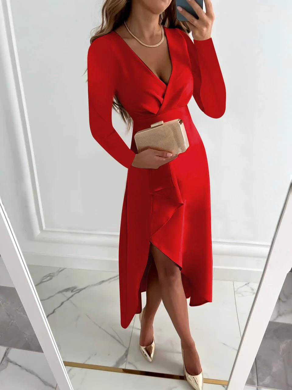 Dames Midi Jurk met V-Hals en Elegante Pasvorm – Tijdloos & Vrouwelijk – Vaélorise