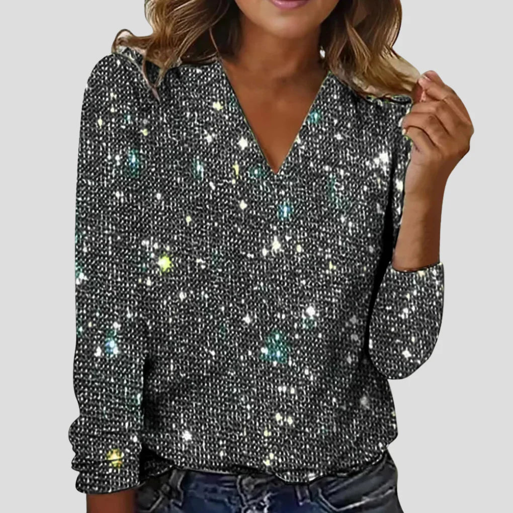 Dames Glitterblouse met V-Hals en Lange Mouwen – Elegant & Sprankelend – Novélya