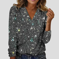 Dames Glitterblouse met V-Hals en Lange Mouwen – Elegant & Sprankelend – Novélya
