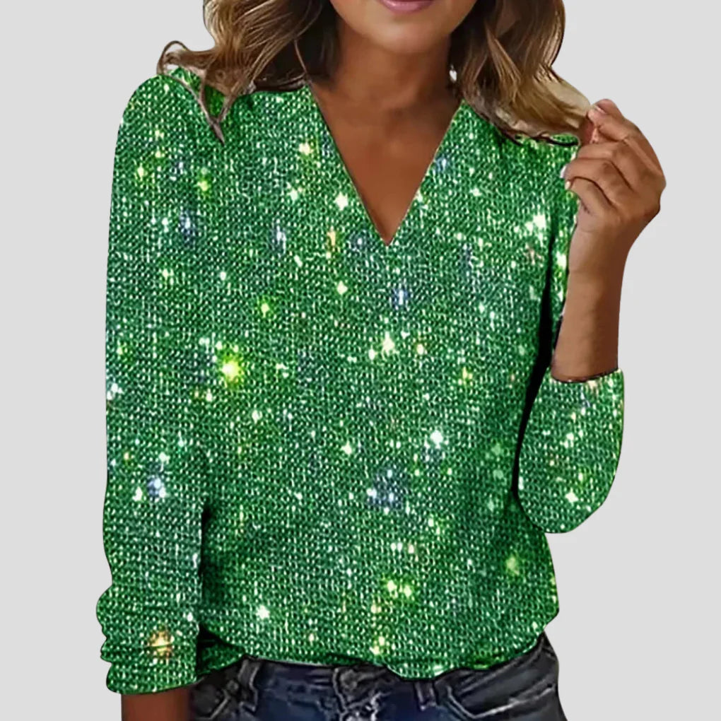 Dames Glitterblouse met V-Hals en Lange Mouwen – Elegant & Sprankelend – Novélya
