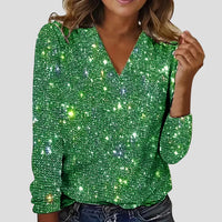 Dames Glitterblouse met V-Hals en Lange Mouwen – Elegant & Sprankelend – Novélya