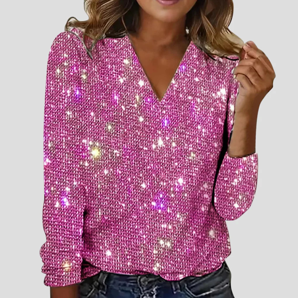Dames Glitterblouse met V-Hals en Lange Mouwen – Elegant & Sprankelend – Novélya