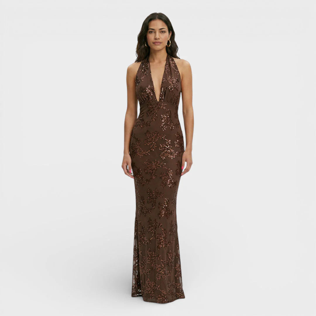 Maxi Jurk met Halternek, Diepe V-Hals en Pailletten Bloemendessin – Elegant & Feestelijk – Verane