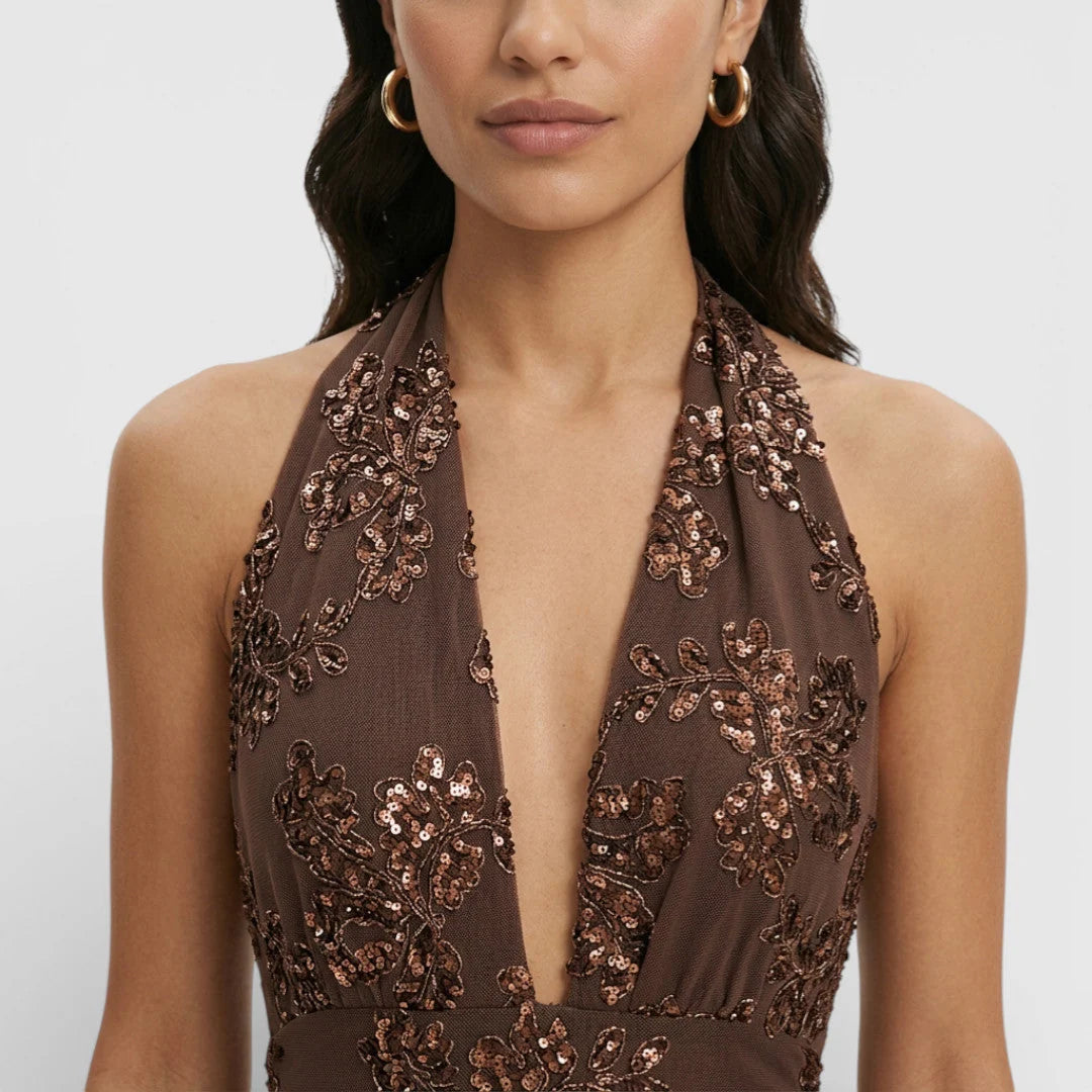 Maxi Jurk met Halternek, Diepe V-Hals en Pailletten Bloemendessin – Elegant & Feestelijk – Verane