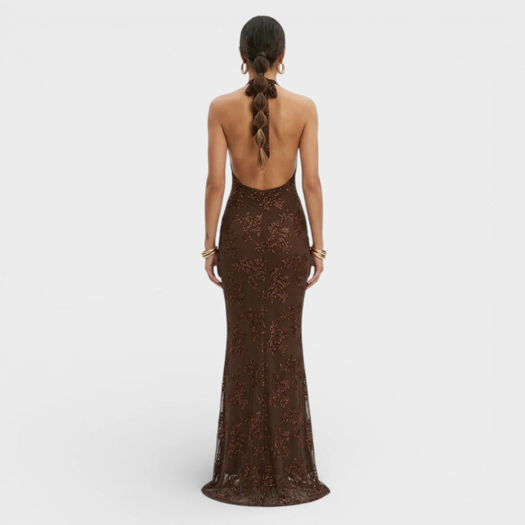 Maxi Jurk met Halternek, Diepe V-Hals en Pailletten Bloemendessin – Elegant & Feestelijk – Verane