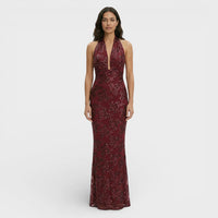 Maxi Jurk met Halternek, Diepe V-Hals en Pailletten Bloemendessin – Elegant & Feestelijk – Verane