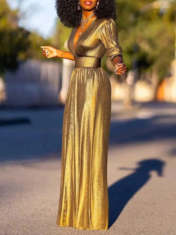 Glanzende Jumpsuit met V-hals, Driekwart Mouwen en Wijde Pijpen – Tijdloos & Glamoureus – Vestine