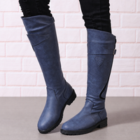 Vintage hoge dames laarzen met gespband en rits in blauw