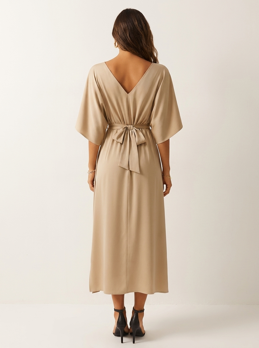 Vloeiende maxi-jurk dames met vleermuismouwen en strikceintuur in beige, achterkant met strik