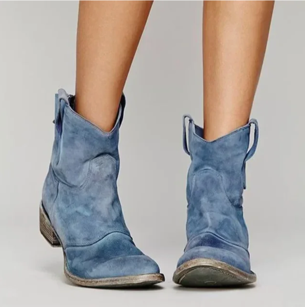 Slouchy western enkellaarsjes dames in blauwe suèdelook met lage hak
