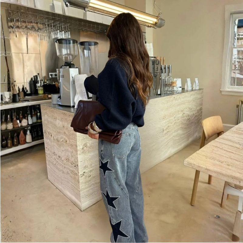 Wide Leg Dames Jeans met Sterren Patches en Studs