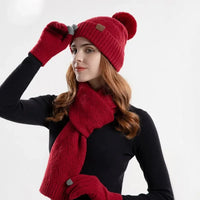 Winterset dames in bordeaux: muts met pompon, sjaal en handschoenen