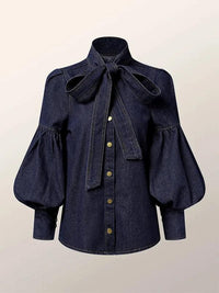 Dames Denim Blouse met Pofmouwen en Sierstrik – Elegant & Trendy – Xavélline
