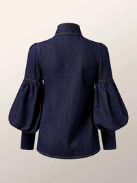 Dames Denim Blouse met Pofmouwen en Sierstrik – Elegant & Trendy – Xavélline