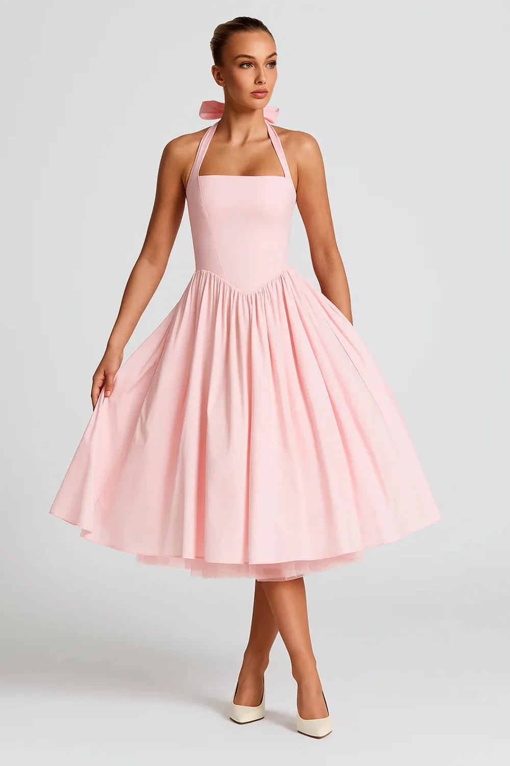 Dames Halter Midi Jurk met A-Lijn Pasvorm – Elegant & Feestelijk – Ysavélora