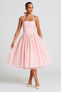 Dames Halter Midi Jurk met A-Lijn Pasvorm – Elegant & Feestelijk – Ysavélora