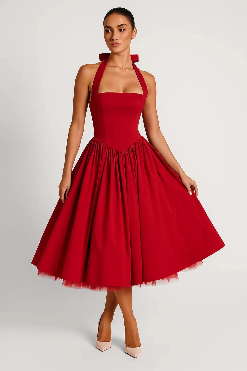Dames Halter Midi Jurk met A-Lijn Pasvorm – Elegant & Feestelijk – Ysavélora