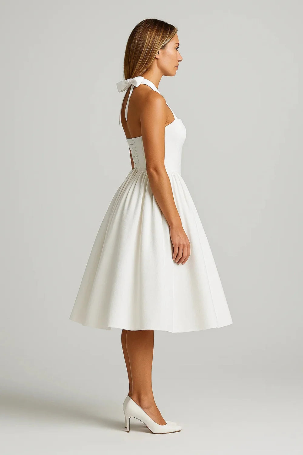 Dames Halter Midi Jurk met A-Lijn Pasvorm – Elegant & Feestelijk – Ysavélora