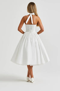 Dames Halter Midi Jurk met A-Lijn Pasvorm – Elegant & Feestelijk – Ysavélora