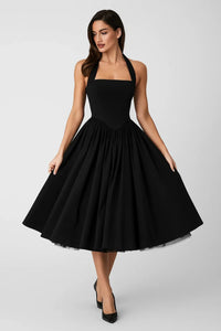 Dames Halter Midi Jurk met A-Lijn Pasvorm – Elegant & Feestelijk – Ysavélora
