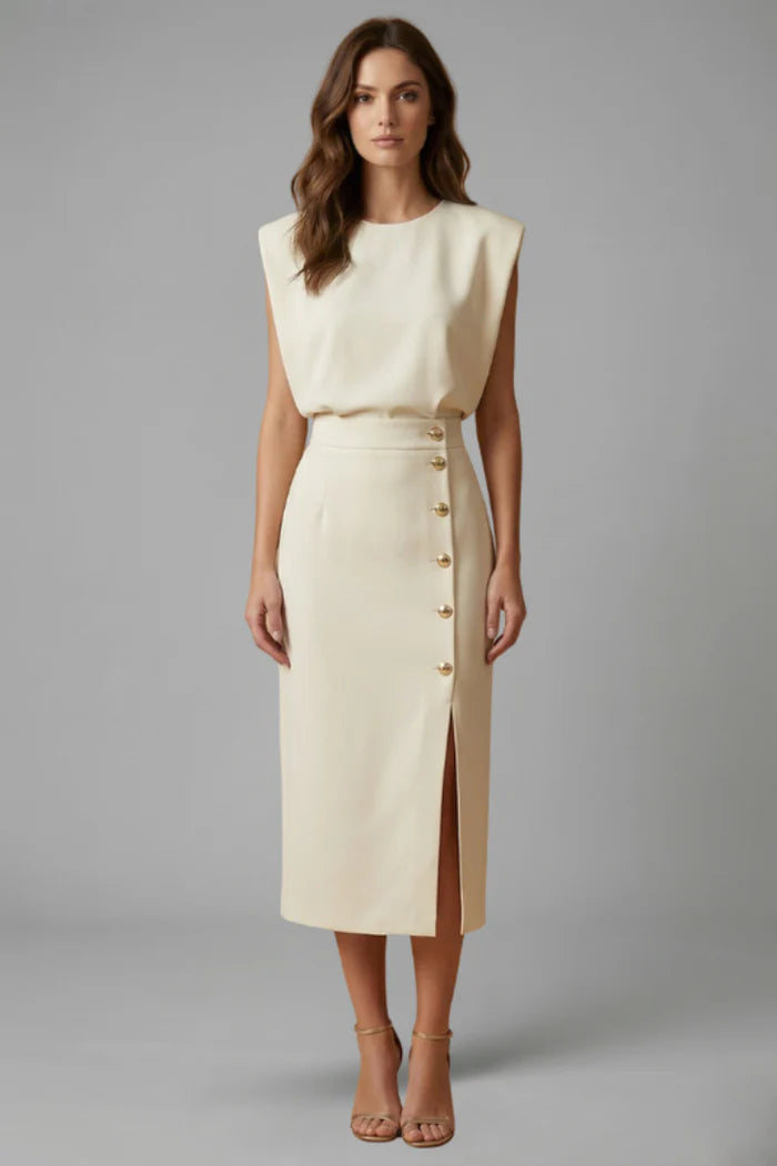 Midi Jurk met Ronde Hals en Knopensplit – Elegant & Tijdloos – Ysavérine