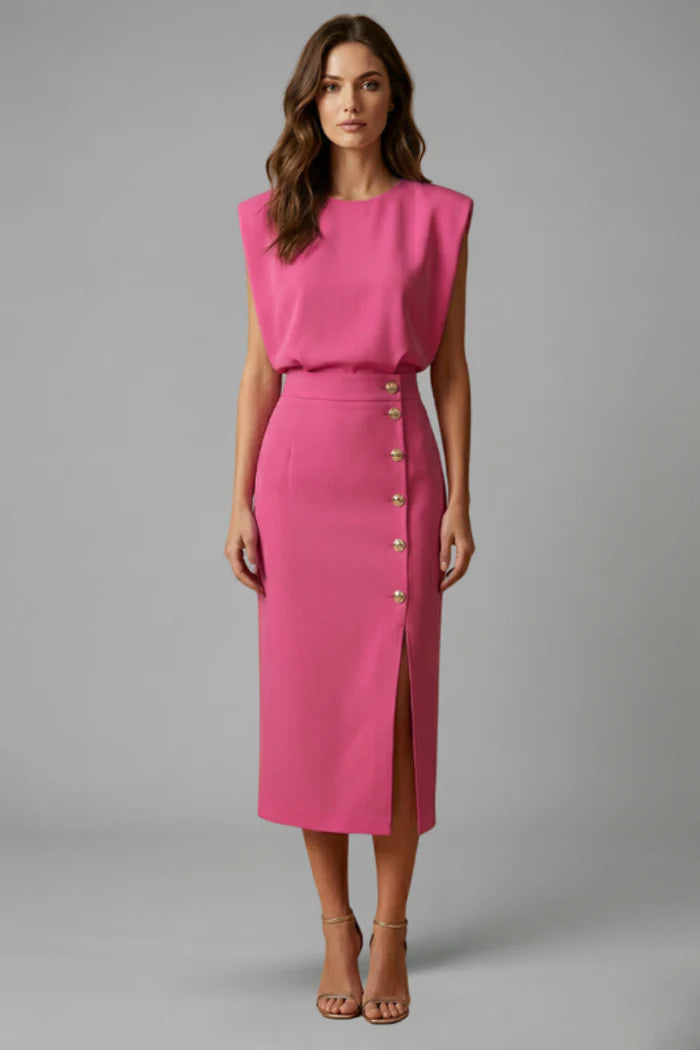 Midi Jurk met Ronde Hals en Knopensplit – Elegant & Tijdloos – Ysavérine