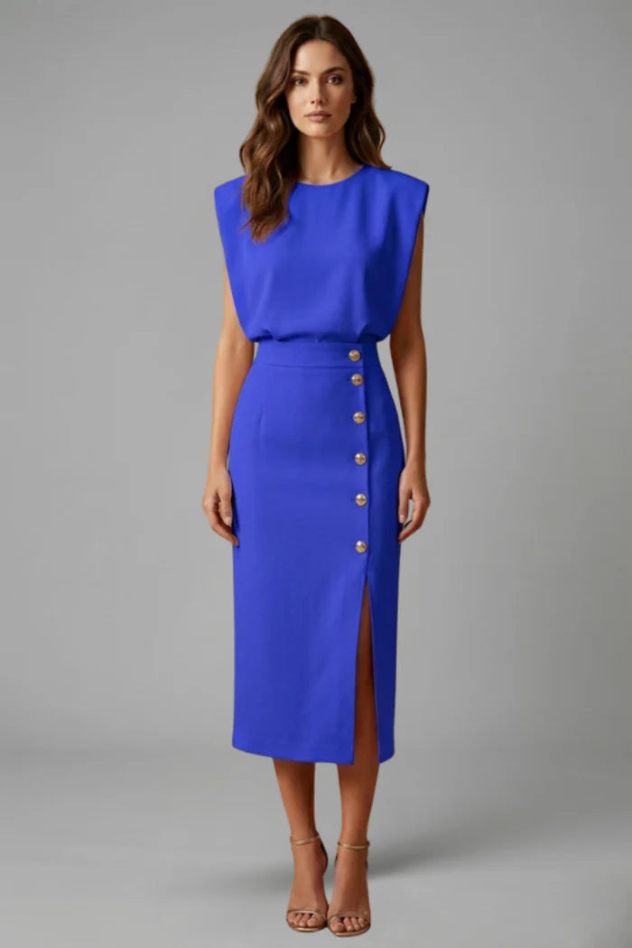 Midi Jurk met Ronde Hals en Knopensplit – Elegant & Tijdloos – Ysavérine