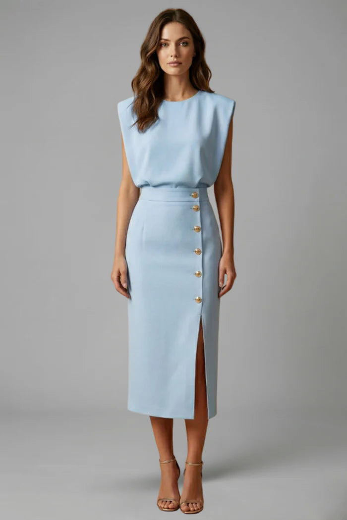 Midi Jurk met Ronde Hals en Knopensplit – Elegant & Tijdloos – Ysavérine