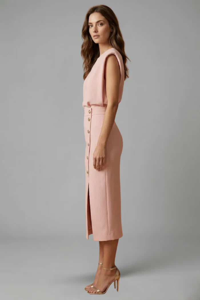 Midi Jurk met Ronde Hals en Knopensplit – Elegant & Tijdloos – Ysavérine