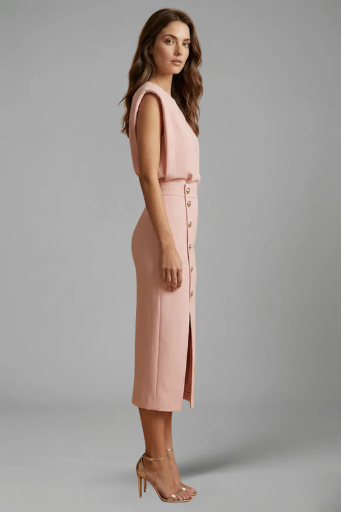 Midi Jurk met Ronde Hals en Knopensplit – Elegant & Tijdloos – Ysavérine
